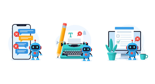 Set of modern flat illustrations depicting AI robot concepts, including chatbot communication errors, automated content creation, and digital task automation