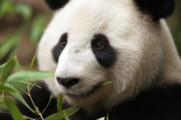 Fototapeta premium Giant panda eating bamboo in lush forest, ultra-wide-angle view details fur texture, warm sunlight filters through leaves onto black ears, wildlife habitat, national geographic style photography