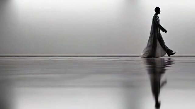 A graceful figure strides confidently across a sleek, reflective surface, showcasing a blend of elegance and modernity in a minimalist environment that amplifies the serene atmosphere.
