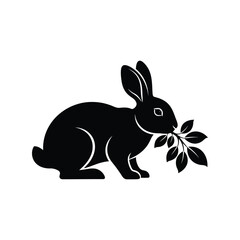 Minimalist black rabbit icon with leaves vector logo design