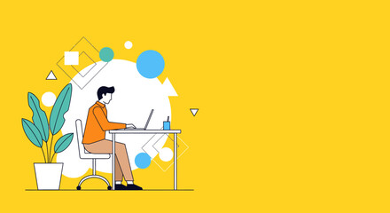 Freelancer Working on Laptop at Desk in Office with Geometric Shapes on Yellow Background
