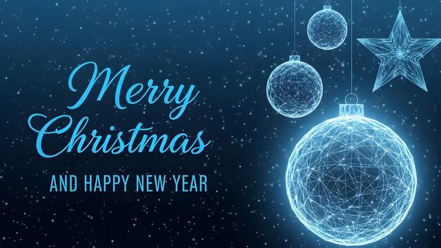 Digital blue glowing christmas ornaments and star hanging against a dark background with falling snow and text wishing merry christmas and happy new year in a modern abstract style - Powered by Adobe