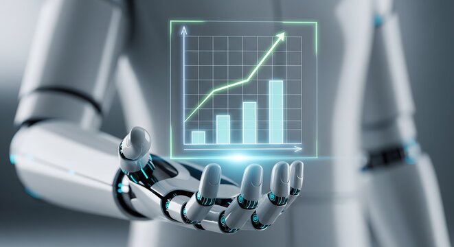 Bionic arm showing digital holographic graph with upward trend symbolizing AI-driven business growth and robotic automation.