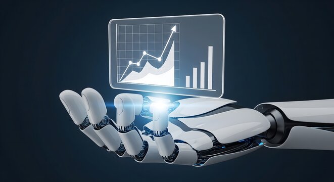 Futuristic robotic hand holding a glowing virtual screen displaying an ascending financial growth chart.