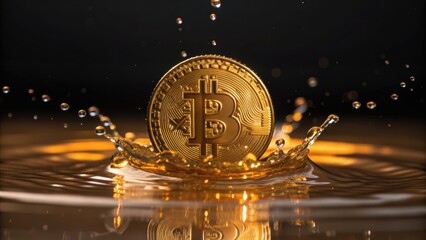 A Bitcoin coin splashes into water, creating ripples and reflections, symbolizing digital currency and financial innovation.