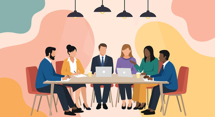 Diverse team collaborating around a table, flat vector illustration of a meeting