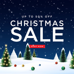 Merry Christmas sale promotion poster banner with product display and festive decoration light background. Christmas special sale and offer unit with snowflakes and snowman. 
