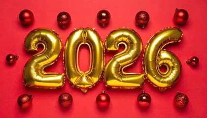 Golden Balloons Spell Out 2026 Surrounded by Red Christmas Ornaments.