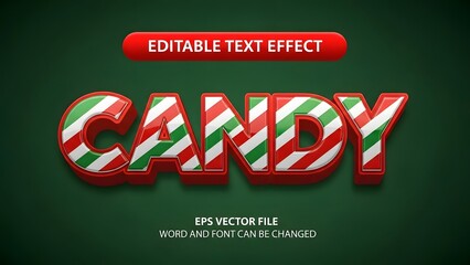 Editable text effect for the word candy with a festive red and green striped pattern resembling a candy cane on a dark green background, perfect for holiday design