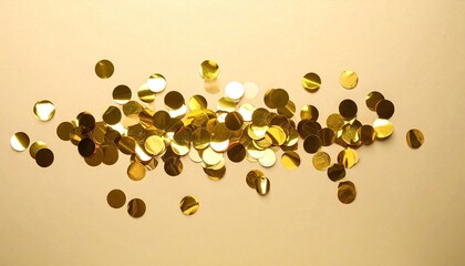 Golden circular confetti scattered on a light beige background for festive celebrations and parties.
