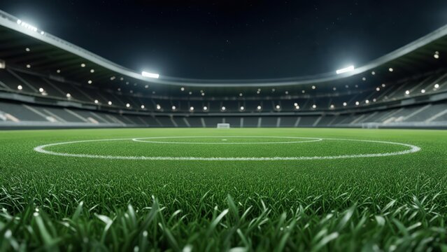Low-angle view of a stadium field at night, illuminated by bright lights, showcasing lush green grass - Powered by Adobe