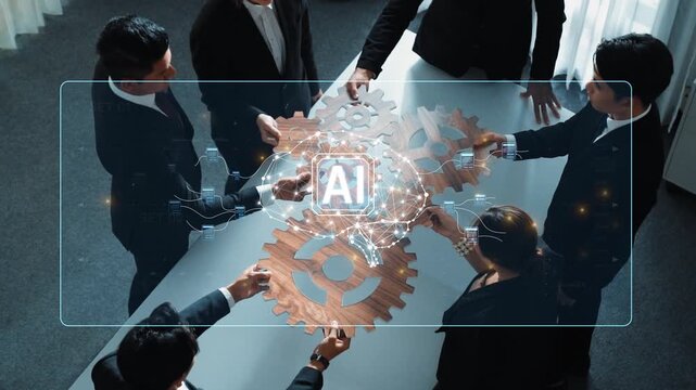 A diverse business team engages in a collaborative meeting, focusing on artificial intelligence. Interactive gear graphics highlight their innovative technology strategy in a modern office. Raster - Powered by Adobe