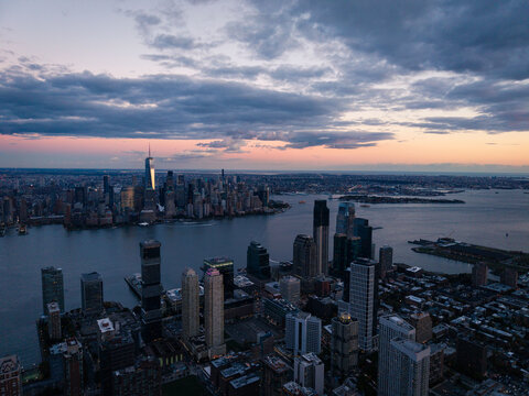 Manhattan and Jersey City skylines at twilight