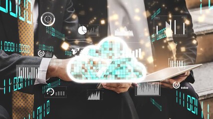 Two business professionals engage in a discussion about cloud technology, surrounded by visual data analytics elements that symbolize modern digital transformation. Xenic - Powered by Adobe