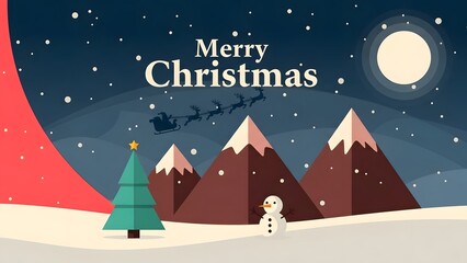 Festive flat design illustration of a snowy christmas night scene featuring mountains, a decorated tree, a snowman, and santas sleigh flying under a bright moon