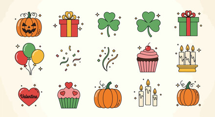 Collection of festive vector illustrations for holiday celebrations and events