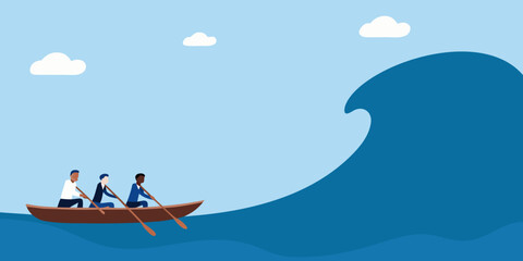 Team rowing in a boat facing a large wave