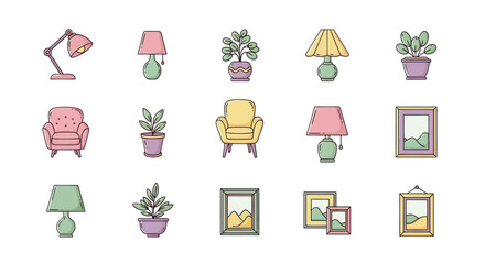 Collection of illustrated interior design elements and decor items