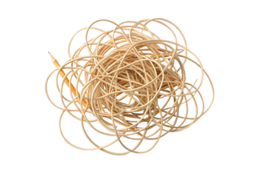Tangled bundle of thin golden wire loops isolated on transparent background