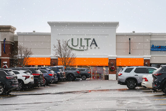 New Hartford, NY - Nov 27, 2025: Holiday beauty in motion&mdash;Ulta Beauty festive storefront glows with seasonal charm and retail energy