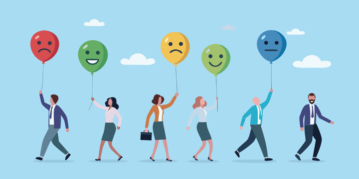 Diverse group of business people holding balloons with different facial expressions