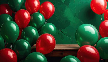 Festive red and green balloons scattered for a celebration.