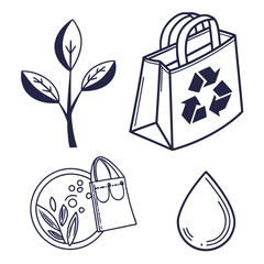 Four dark blue eco friendly symbols on white background