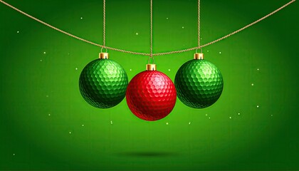 Christmas Ornaments Shaped Like Golf Balls Hanging on a Rope Festive Green Background.