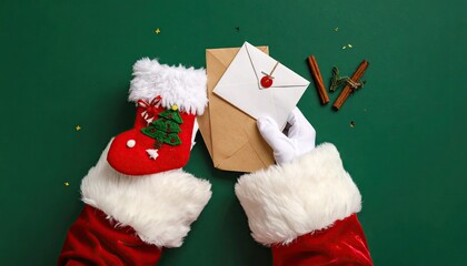 Santa Claus hands holding festive Christmas stocking and holiday letter.