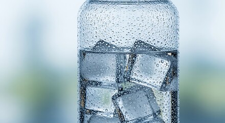 Close up of a glass filled with water and ice cubes covered in condensation against a blurred background