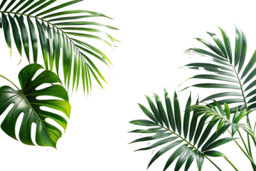 Tropical monstera and palm leaves isolated on transparent background