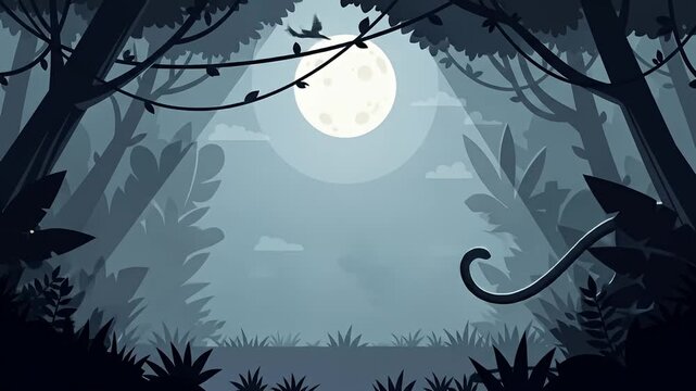 A black panther prowls through a moonlit jungle at night.