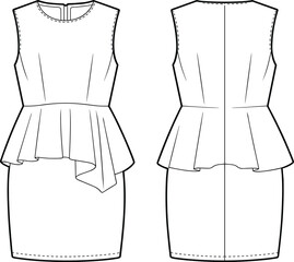 Women's sleeveless peplum dress flat sketch, front and back technical drawing, fashion CAD template with asymmetrical hem design, vector illustration