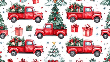 Charming Watercolor Vintage Red Trucks Delivering Christmas Trees and Gifts Seamless Pattern.