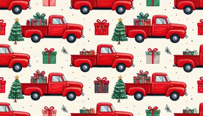Seamless pattern of vintage red pickup trucks delivering Christmas trees and gifts for the holidays.