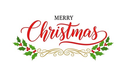 Merry christmas text in elegant red calligraphy font decorated with holly berry branches and gold swirl ornament isolated on white background