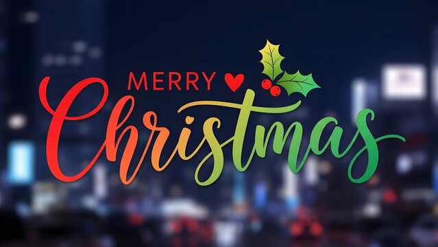 Merry christmas greeting text in vibrant gradient script with holly decoration over a blurred city night background illustration