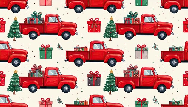 Seamless pattern of vintage red pickup trucks delivering Christmas trees and gifts for the holidays.