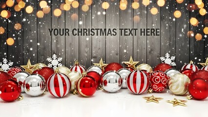 Festive christmas banner background with red and silver baubles, golden stars, snowflakes, and bokeh lights over a rustic wooden texture, ready for custom text