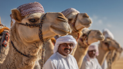 Traditional camel handlers showcasing their finest camels at the King Abdulaziz Camel Festival in the desert