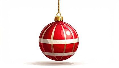 Red Christmas Ornament with White Stripes Hanging Festive Decoration Isolated.