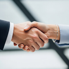 A close-up of a firm handshake between a man and a woman