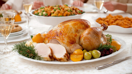 Roast turkey served on festive table with side dishes and drinks  