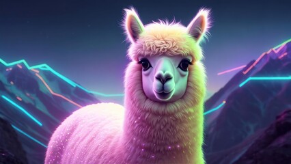 Obraz premium A fluffy alpaca, glowing, stands before neon mountain lines against a dusk sky