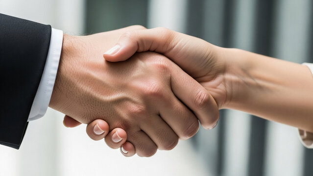 A close-up of a firm handshake between a man and a woman