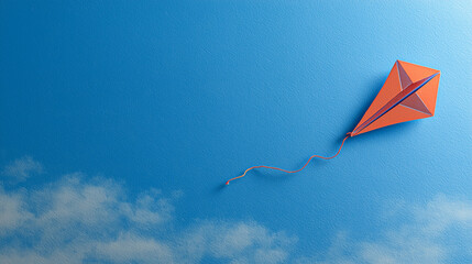 Bright Orange Kite Soaring in Clear Blue Sky with Soft White Clouds, Perfect for Illustrating Freedom, Play, and Joyful Outdoor Activities