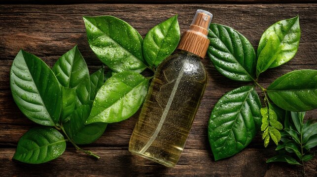 Natural waterless cleaning product with organic green ingredients in a clear spray bottle surrounded by fresh leaves displayed on a rustic wooden surface to illustrate eco living.