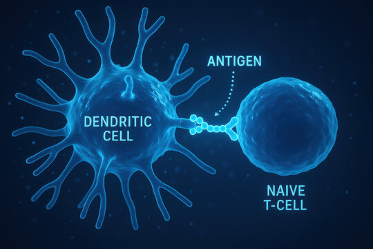 Scientific visualization of dendritic cell presenting an antigen to naive T cell. This biomedical graphic shows glowing blue immune response for immunology education