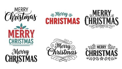 Collection of six different merry christmas typography designs and lettering styles for holiday greeting cards and seasonal celebration