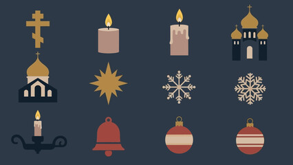 Collection of religious and festive icons, including crosses, candles, churches, and ornaments.